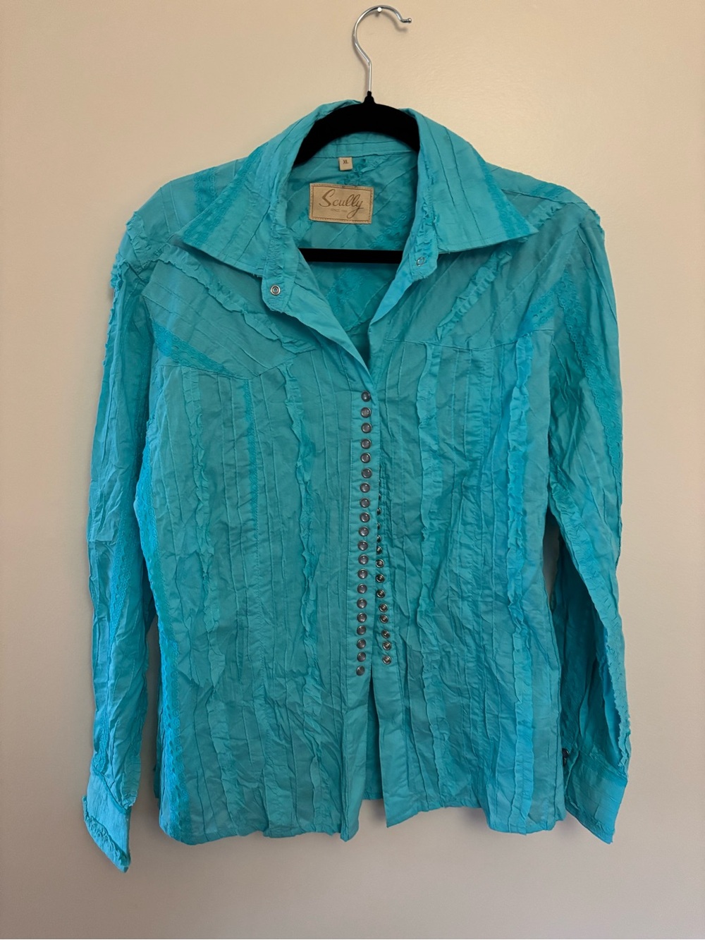 Scully Western Shirt Women’s XL Turq Jacquard Floral Pearl Snap Cowboy Scroll